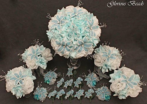 Light Blue and White Beaded Lily Wedding Flower 18 piece package with White Roses ~ Unique French beaded flowers and beaded sprays