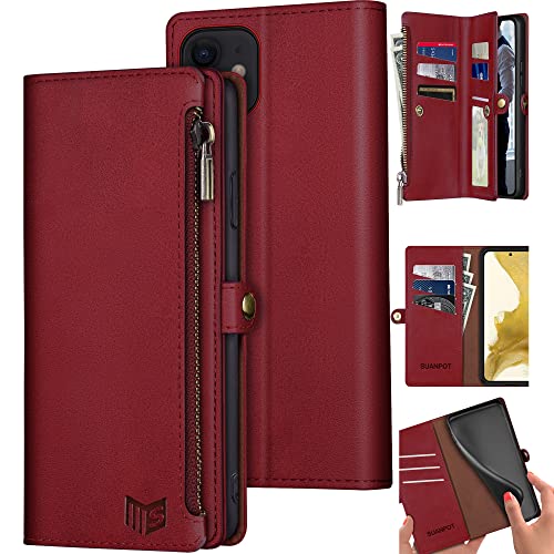 SUANPOT for iPhone 11 6.1" Wallet case 【RFID Blocking】【9 Card Slot】【Pocket】,Credit Card Holder Flip Folio Book Zipper PU Leather Shockproof Cover Women Men for Apple 11 Phone case Red
