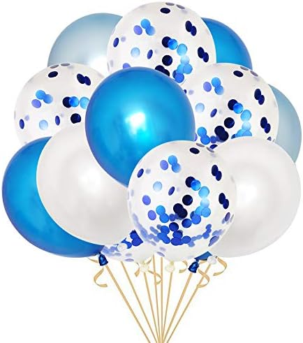 50 Pieces 12 Inches Blue and White Latex Party Balloons Blue Confetti Balloons Helium Balloons with 2 Curling Ribbons for Baby Bridal Shower,Birthday, Wedding, Proposal Party Decorations, Colorful