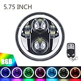 5.75" RGB HALO Headlight, ROCCS LED Black Motorcycle 5 3/4" Headlamp with White DRL Multicolor Angel Eyes fit Harley Davidson Dyna Sportster 883 72 48, 1PC