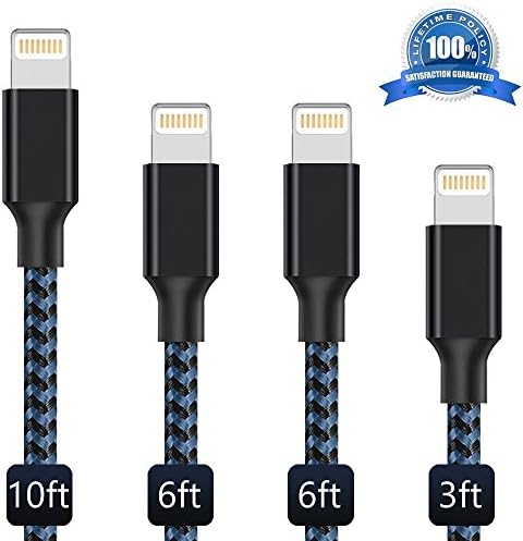 Lightning Cable, Koharu iPhone Charger Cables 4Pack 3FT 6FT 6FT 10FT to USB Syncing Data and Nylon Braided Cord Charger for iPhone X/8/8Plus/7/7Plus/6/6Plus/6s/6sPlus/5/5s/5c/SE and More(BlackBlue)