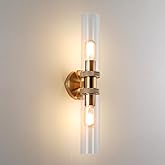 ECOBRT E26 Brushed Brass 2 Light Vanity Lights, Farmhouse Gold Modern Bathroom Wall Lamps with Glass Shade