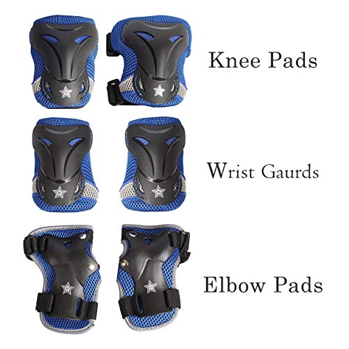 High Bounce Knee Pads and Elbow Pads with Wrist Guards Protective Gear Set for Biking, Riding, Cycling and Multi Sports Safety Protection: Scooter, Skateboard, Bicycle, Rollerblades (Blue,Teens)