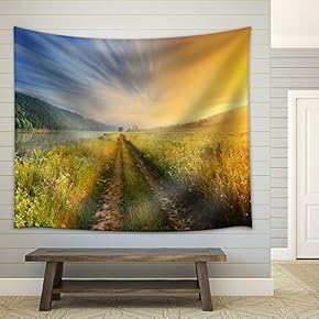 Fantastic Foggy River with Fresh Green Grass in The Sunlight. - Fabric Wall Tapestry Home Decor - 51x60 inches