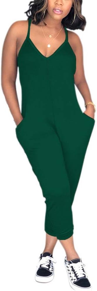 DelorevaWomen Casual Jumpsuit Sleeveless Strap V Neck One Piece Romper Harem Pants Playsuit Overalls