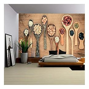 Assortment of Beans and Lentils in Wooden Spoon on Teak Wood Background. - Removable Wall Mural | Self-Adhesive Large Wallpaper - 66x96 inches