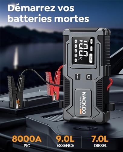 8000A Booster Batterie Voiture,Démarreur de Voiture (Jusqu’à 9 L Essence et 7 L Diesel),Jump Starter 12V avec Câbles de Démarrage Intégrés, Lampe LED et Écran LCD, Adapté aux Motos, SUV et Tondeuses