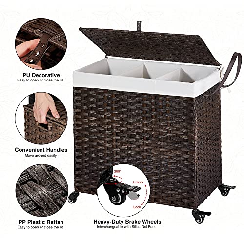 Greenstell Laundry Hamper with Wheels&Lid, 125L Large 3 Sections Clothes Hamper with 2 Types