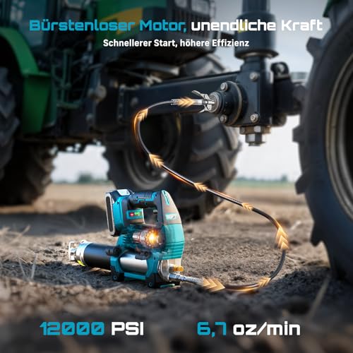 Seesii 12000PSI Battery Grease Gun Set Compatible with Makita 18 V Battery (without Battery), 3 Speeds, Brushless Motor, 3 Mouthpieces, 1 m Long Hose, 90 Degree Adapter and LED Light