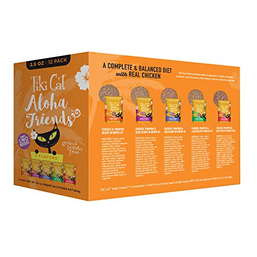 TIKI CAT ALOHA FRIENDS VARIETY PACK, MEATY FLAVORS MIXED WITH PUMPKIN, WET, HIGH-PROTEIN & HIGH-MOISTURE CAT FOOD, FOR ALL LIFE STAGES, 2.5 OZ. POUCH (PACK OF 12)