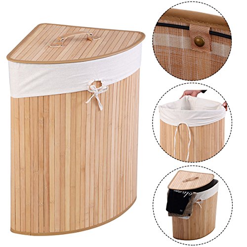 New MTN-G Corner Bamboo Hamper Laundry Basket Washing Cloth Bin Storage Bag Lid Natural