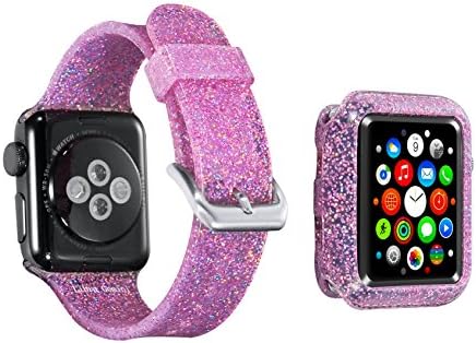 for Apple Watch Band 42mm Apple Watch case iWatch Band for Women Bling Stylish Glitter Silicone Sports Replacement Strap for Apple Watch Series3/2/1 (42mm-Pink Band Bumper Set)