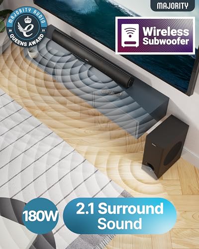 MAJORITY Soundbar with Wireless Subwoofer | 2.1 Channel TV Sound Bar | 180W Home Cinema Speaker System | Bluetooth Audio, HDMI ARC, Optical AUX | Wall Mountable Home Theatre Speakers Teton Plus
