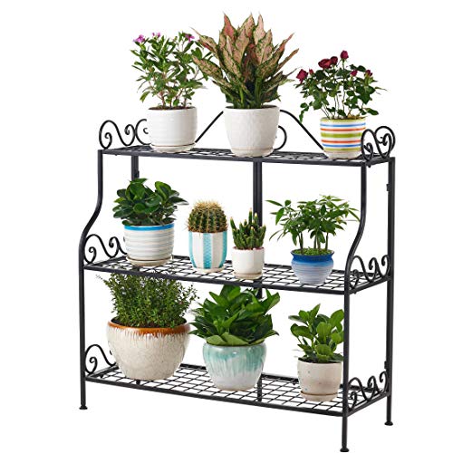 FaithLand Metal Scrollwork Design 3 Tier Plant Stand Indoor/Outdoor, Home Storage Organizer Shelf Rack, Flower Pots Holder, Plant Display Rack, Stand Shelf, Black