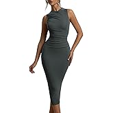 FairBeauty Women's Bodycon Tank Dress Crew Neck Sleeveless Casual Ruched Pencil Midi Dresses