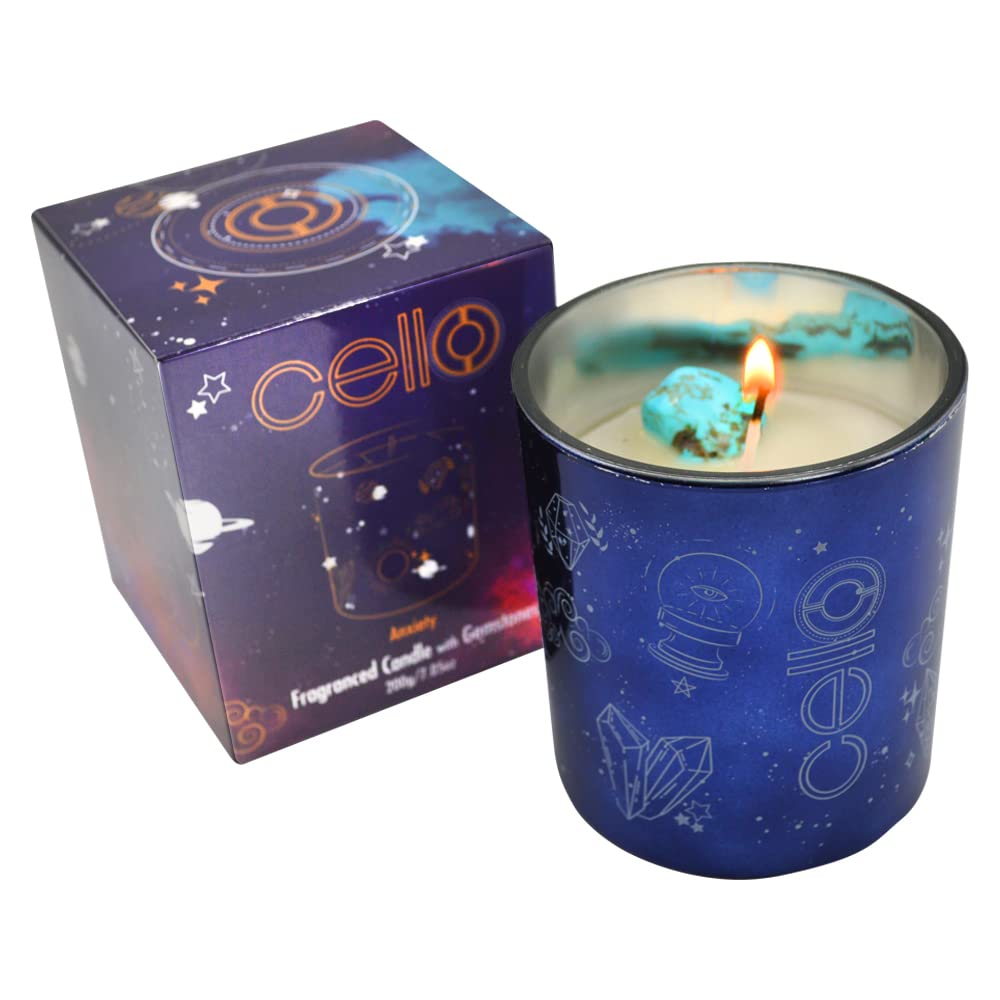 Cello Celestial Scented Candle with Turquenite Gemstones | Healing Metallic Blue Wax with Crystals | Astrology Space Themed Gift for Men & Women