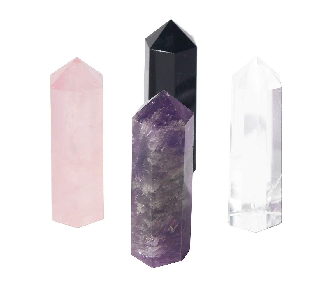 DHYANARSH Obelisk reiki healing metaphysical amethyst rose quartz rock crystal black tourmaline (Height 2.5" Inch)