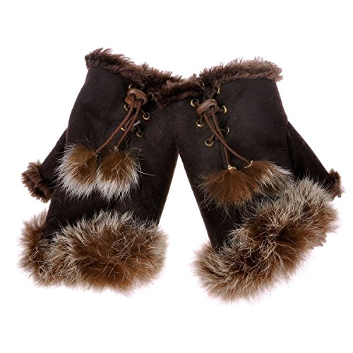 ZLYC Women Teen Classic Winter Warm Rabbit Fur Hands Wrist Fingerless Gloves Mittens Brown