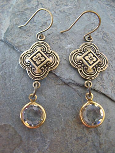 Vintage Style Brass and Czech Preciosa Crystal Dangling Earrings Artisan Jewelry