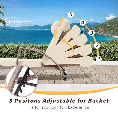EliteEdge Outdoor Chaise Lounge Set of 2, Patio Rattan Chaise Lounge Chair with Cushions, 5-Position Adjustable Backrest Sun Lounger for Poolside, Garden, Backyard, Brown Rattan