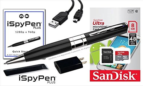 iSpyPen Plus 8GB Silver Mini Hidden Camera Spy Pen Gadget - SanDisk Micro SD Card + lithium battery + charger - Record in 1280px720p Executive Multifunction DVR Perfect Gift - by iSpyPens