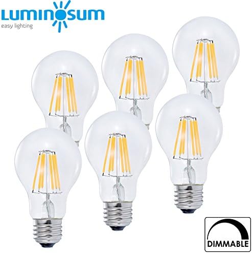 LUMINOSUM LED Filament Bulb Dimmable 6W, 60W Equivalent, Classic Edison Style A19/A60, Standard Screw E26 Base, Soft White 2700K, 6-Pack