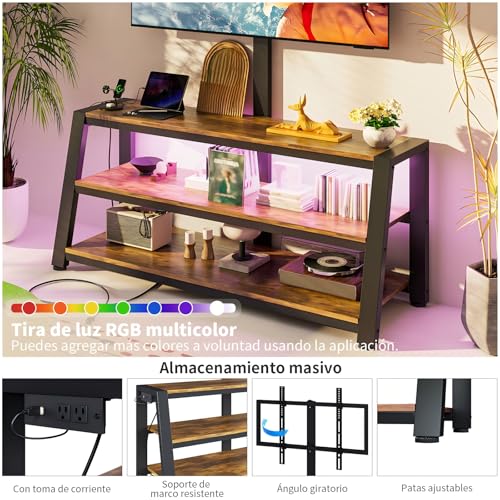 Simple Wisdom Mueble para TV,Mueble TV con Soporte Giratorio,Mesa para TVs con Toma Corriente y Luz LED,para Televisor 32 a 65 Pulgadas,Muebles de TVs Abierto de 3 Niveles(Retro)