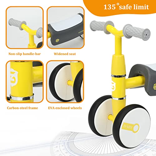MICKYU Balance Bike for 1 Year Old Baby Girls Boys, Infant Ride On Toys No Pedal 4 Wheels Push Bicycle with Widened Saddle Seat, Best First Birthday Gifts New Year Holiday (Yellow)