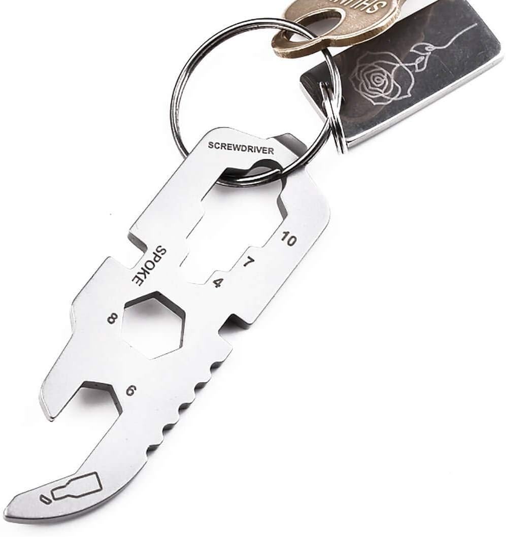 8-In-1 Keychain Tool - Multi-Tool (Bottle Opener - Screwdriver - Bicycle Spoke - Wrench X 5) EDC 402 Stainless Steel Mini Size and Tsa Friendly for Survival, Camping, Outdoor Etc