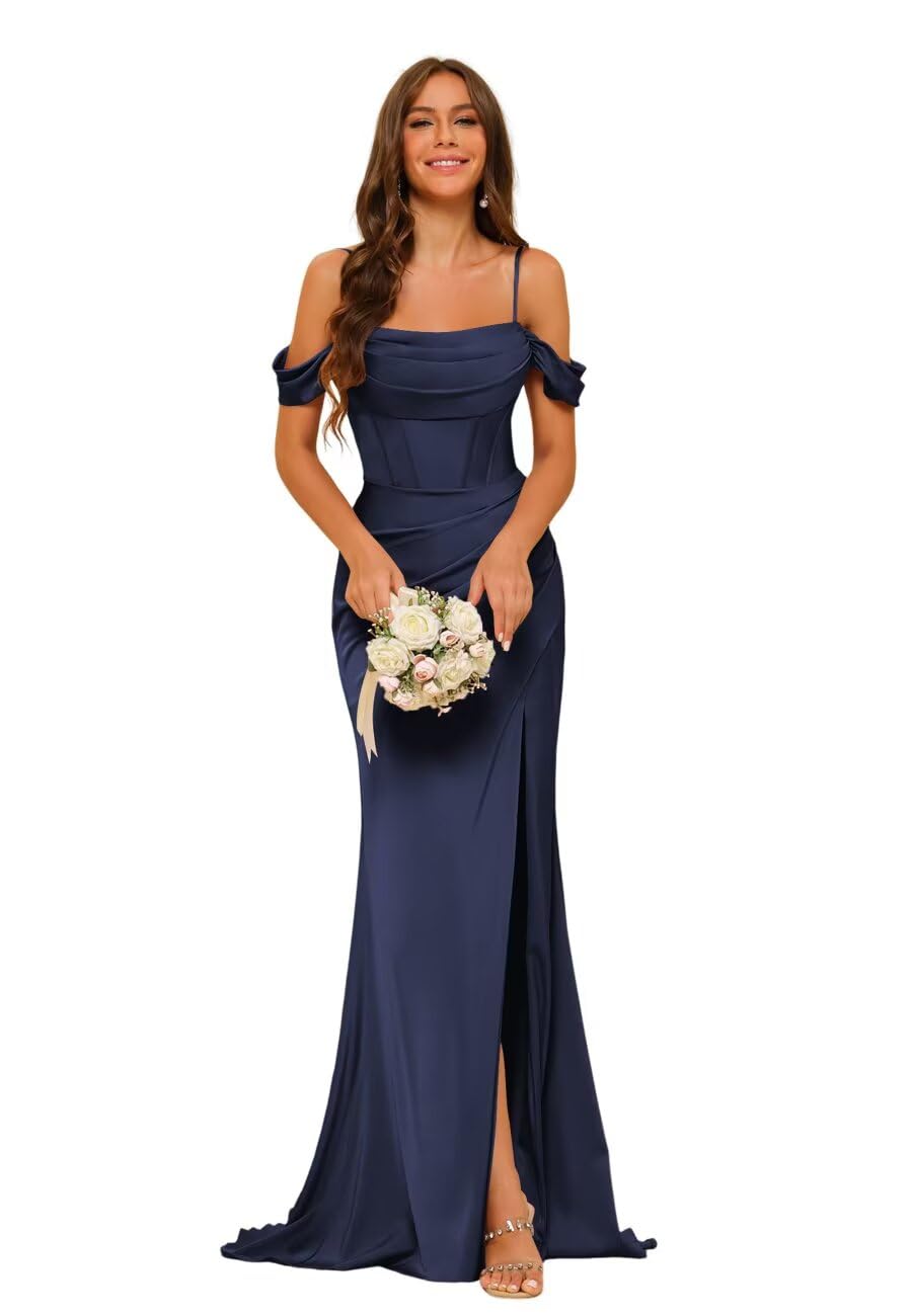 Photo 1 of PUXIU Spaghetti Straps Silk Satin Bridesmaid Dresses Long Formal Sexy High Split Satin Formal Dress for Women Evening Gown Navy Blue US8