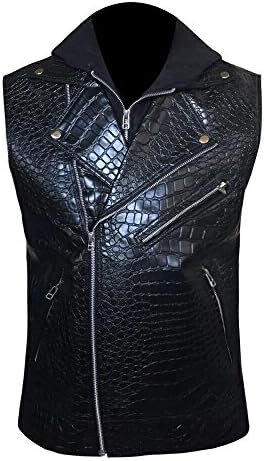 Men AJ Styles WWE Black Crocodile Leather Vest with Hoodie
