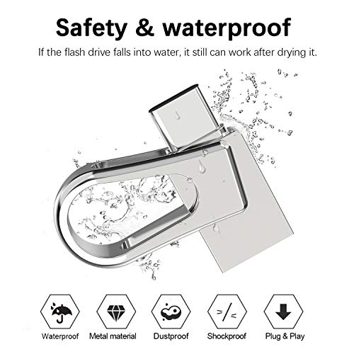 USB Type C Flash Drive, KEXIN Metal USB 3.0 Dual Drive 64GB High Speed Waterproof Mini USB 3.0 Memory Stick 64 GB Thumb Drive Jump Drives Zip Drive for New MacBook, PC, Type C Phones, Silver - Thumbnail 2