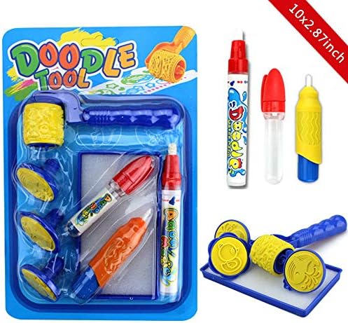 Coloring with Water Drawing Painting Pens Watermark Stamp Seal for Kids Toddlers Aqua doodle Replacement Water brush pen for aquadoodle drawing mat in 3 Pieces with 3 Stamps 1 Wheel and 1 Storage Case