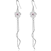 ANDPAI Fashion Dainty Long Silver Plated Pink Crystal Sakura Bloming Cherry Blossom Flower Petal Dangle Earrings for Women
