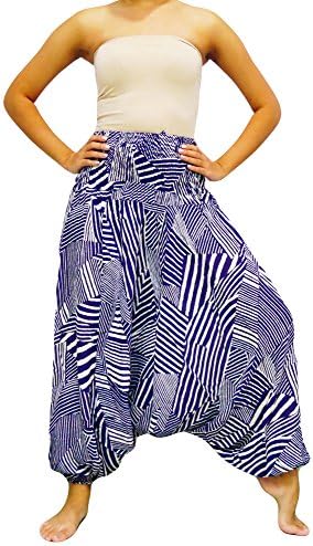Loongcha Loong Cha's Unisex 2 Type Harem Jumpsuit pants,Fine Art Print Smocked Waist &amp; Jump leg Version : I (Gp1 Navy)