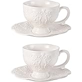 KAMMAK Tea Cups and Saucers Set of 2, Porcelain Coffee Cups, 7.8-Ounce Stackable Espresso Mugs, Ceramic Demitasse for Coffee, Latte, Americano, Tea, Britney