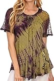 Sakkas 16787 - Splenka Long Tie Dye Embroidered Corset Neck Cap Sleeve Blouse Shirt Top - Olive - OS