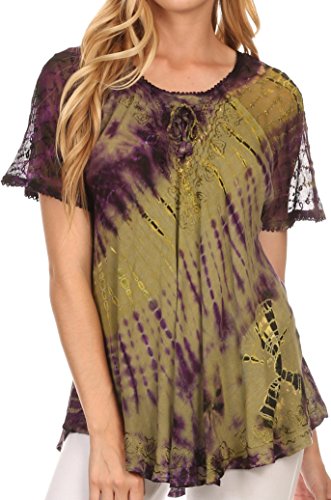Sakkas 16787 - Splenka Long Tie Dye Embroidered Corset Neck Cap Sleeve Blouse Shirt Top - Olive - OS