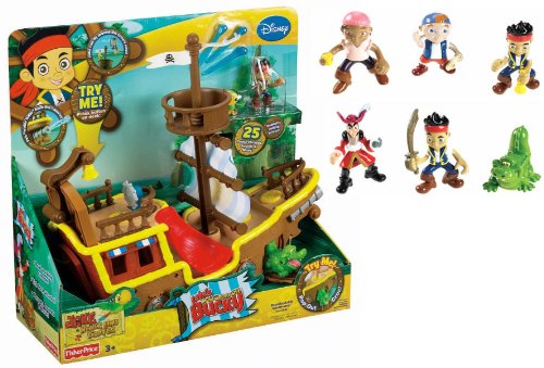 Disney Junior/Jr. Fisher-Price Jake and The Never Land/Neverland Pirates Deluxe Gift Set with Musical Bucky the Pirate Ship and 8 Action Figures: Jake (3 Styles), Izzy, Cubby, Skully, Captain Hook and Tick-Tock Croc