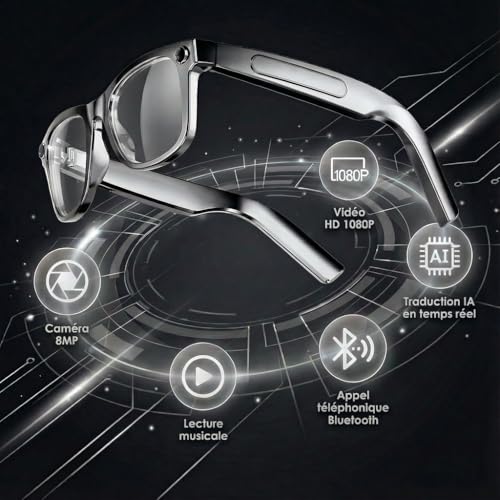 HD Camera Glasses, 8MP 1080P AI Connected Bezel, Dual Core Processor with AI Assistant for Real Time Translation, 410 Mah Offering 16 Hours of Battery Life, Wi-FI Bluetooth Smart Bezel