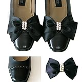 Satin Big Bow Pearl Shoe Clips Shoe Ornaments Shoe Ribbon Charm Accessory (Black)