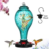 LUJII Hummingbird Feeder, Hand Blown Glass Hummingbird Feeder, Never Fade, 36 Fluid Ounces, 5 Feeding Metal Stations, More Biger, Garden Backyard Decorative, Containing Ant Moat (Blue)