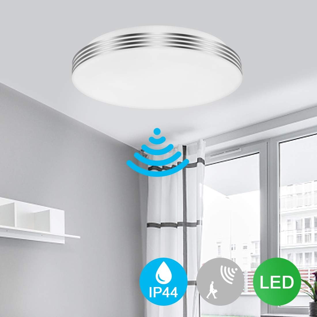 led Ceiling Light Kitchen, Radar Motion Sensor, 18W 1200lumen 6500K Cold White, 230V 18LEDs, Flush Mounting, Ceiling Light led for Living Room Garage Hallway Basement Cabinet Stair Office [Energy Class A++]