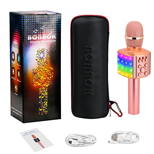 BONAOK Karaoke Microphone with controllable LED Lights, 4 in 1 Portable