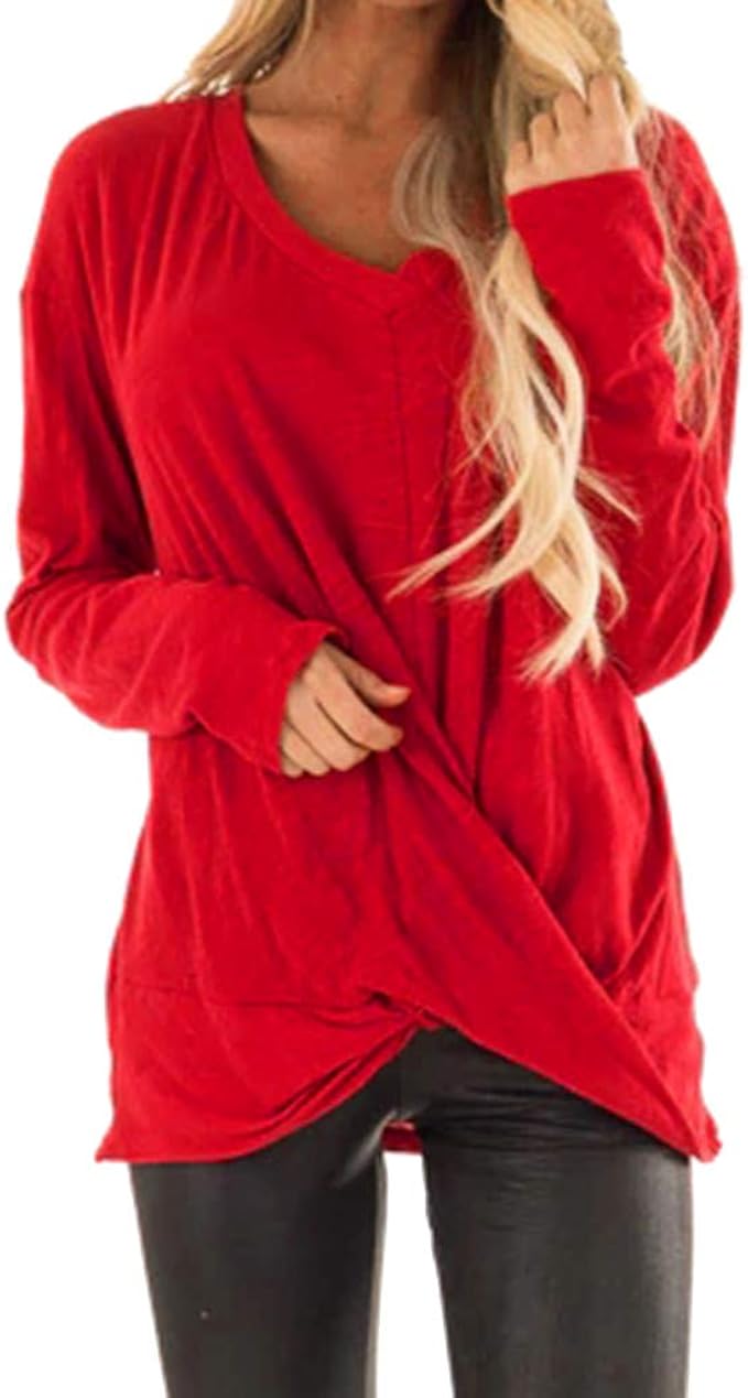 Red V Neck Long Sleeve Shirt on Sale 