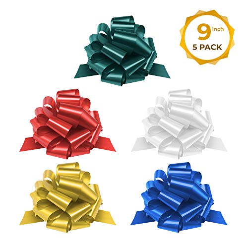 Mata1 Pull Bows for Gifts (Assorted Colors, 9 Inch, Set of 5), Large 9" Pull String Bows for Presents, Ribbon Pull Bows for Christmas, Gift Wrapping Bows