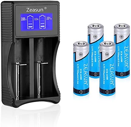 Zeasun 14500 Lithium Battery 4 Pack 3.7V Rechargeable Batteries with 14500 16340 17670 18650 26650 AA AAA Universal Smart Charger,750mAh Button Tops for Flashlight and Headlamps