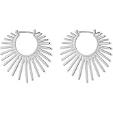 Sunburst Statement Hoop Earrings, Gold Plated Trendy Dangle Earrings Non Tarnish Hypoallergenic Lightweight Fashion Jewelry for Women, 30mm