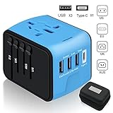 Travel Adapter,6Feeki International Power Adapter All-in-one USB Travel Adapter Universal adapter with 3-port USB Charger AC Wall Outlet Plugs For business travel of US, EU, UK, AU,150countries (Blue)