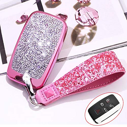 Royalfox(TM) 5 Buttons 3D Bling keyless Entry Remote Smart Key Fob case Cover for Land Rover Defender Discovery Sport LR2 LR3 LR4 Range Rover Sport EVOQUE and Jaguar XF XJ XJL XE F-PACE (Pink) - Thumbnail 3